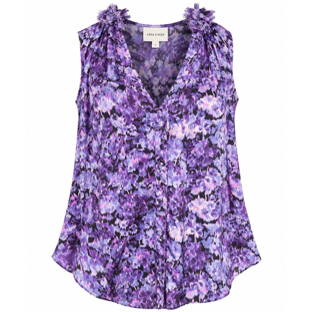 Cinq a Sept Blouse L Purple Silk Floral Whimsigoth Romantic Ruffle Quiet Luxury